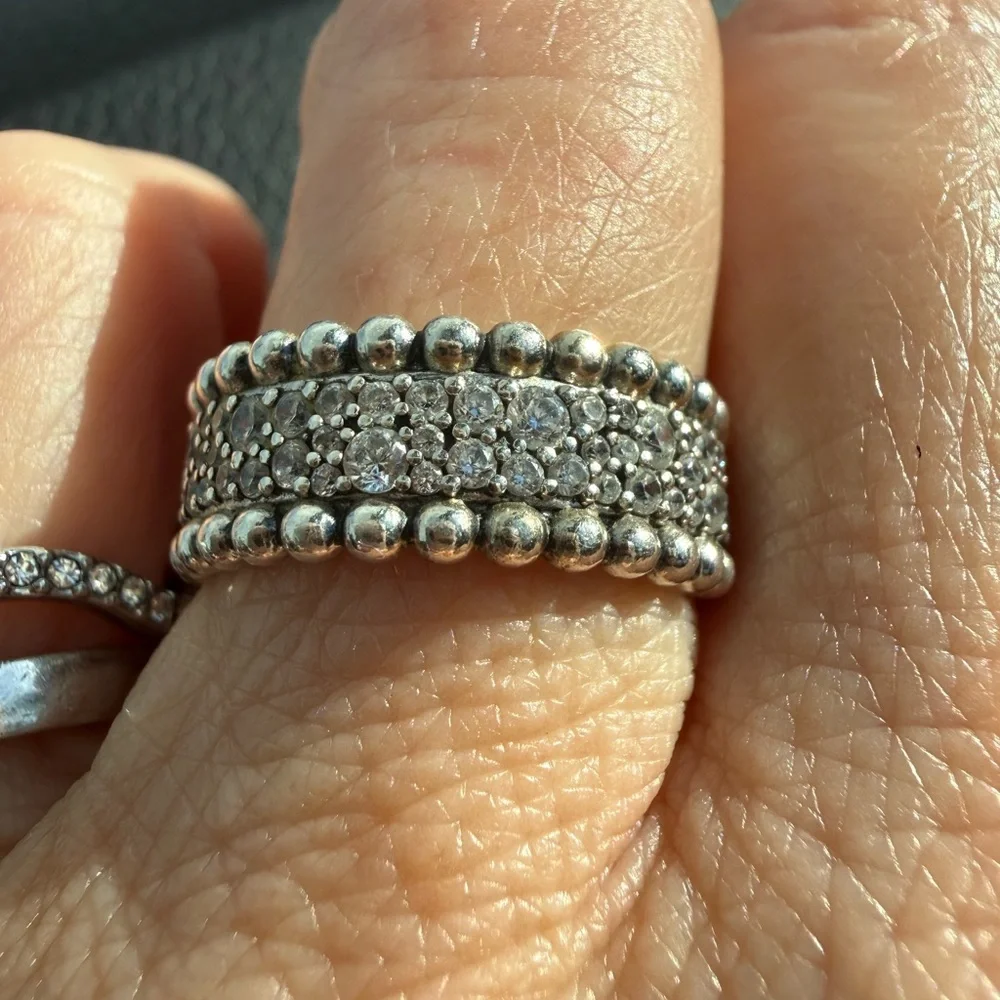 Pandora Pave Silver Beaded Ring sz 7 - Picture 5 of 5